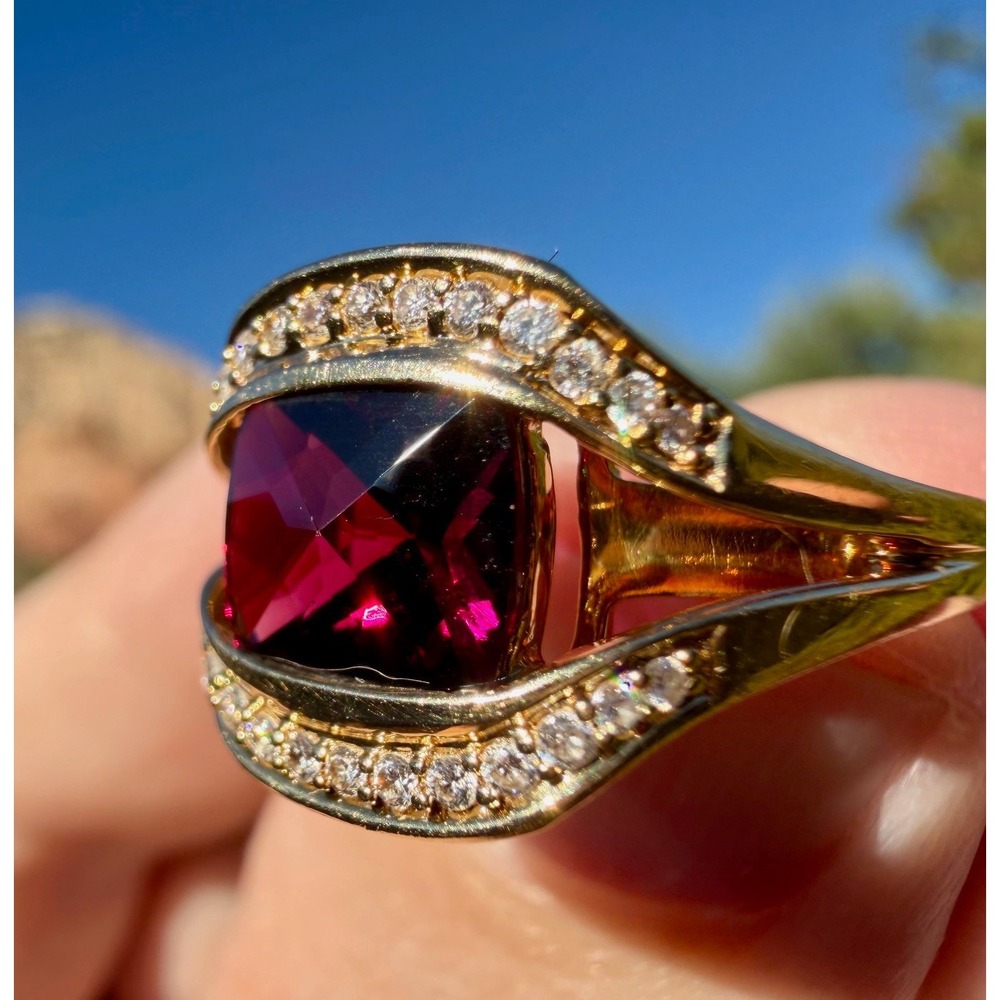 Lorenzo Designer 18k‎ Solid Gold Natural Rhodolite Garnet & Diamond Pave Ring - Picture 6 of 13